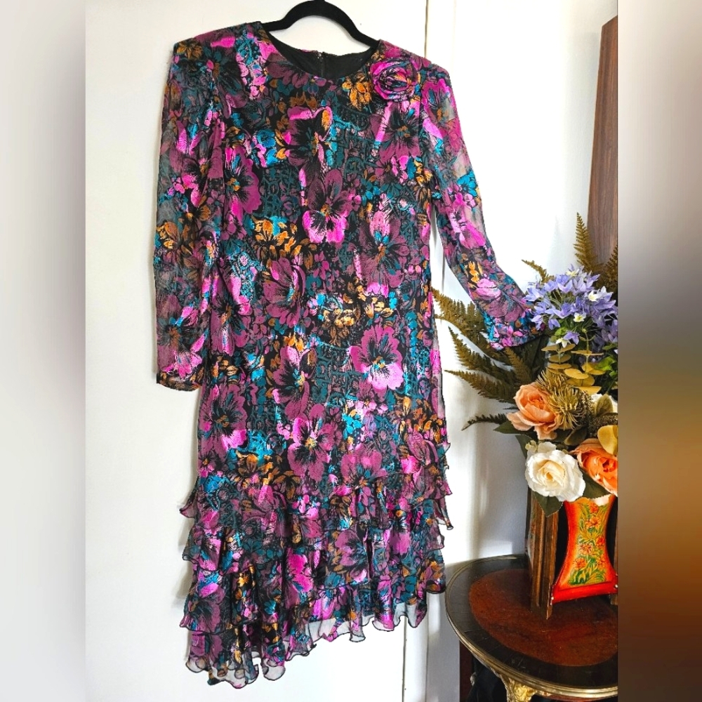 Vintage Floral Ruffled Semi-sheer 80s Party Dress